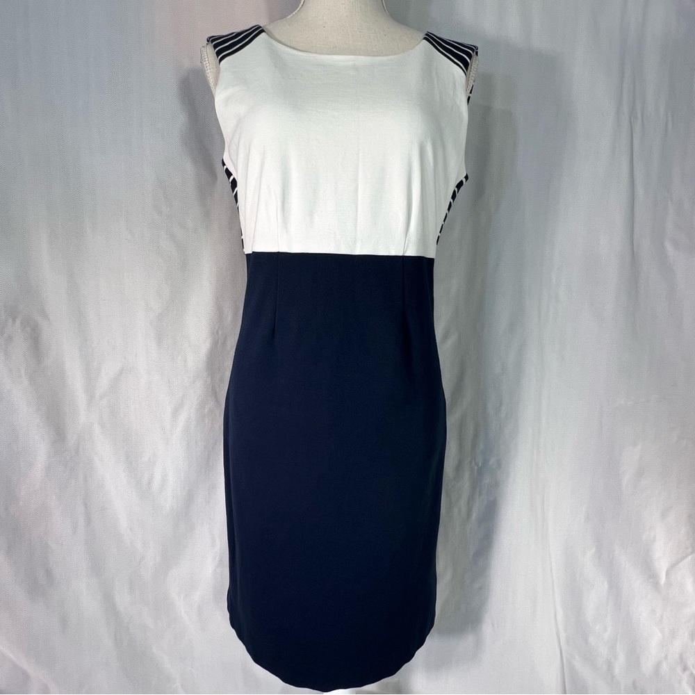 Dalia Collection Navy Blue & White Stripes Color Block Sleeveless Sheath Dress S